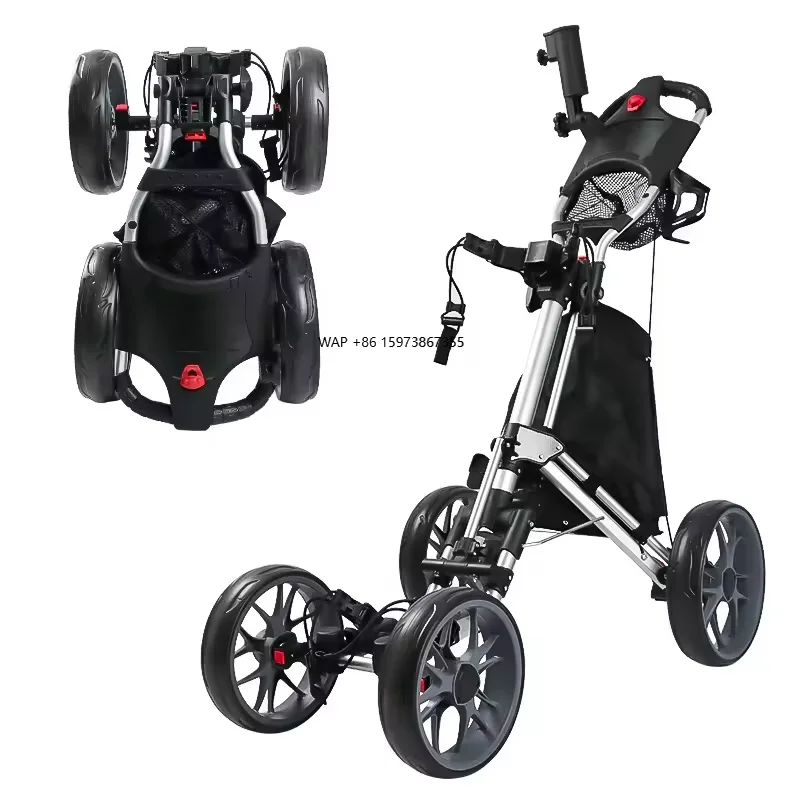 

4 Wheel Aluminum Frame Golf Push Cart Portable Lightweight Foldable Ball Holder Accessories Golf Trolleys With Foot Brake