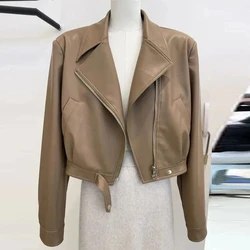 NEW Spring Autumn PU Leather Jacket Women Lapel Collar Zipper Solid Color Short Motorcycle Outwear Brown Lady Soft Leather Coat