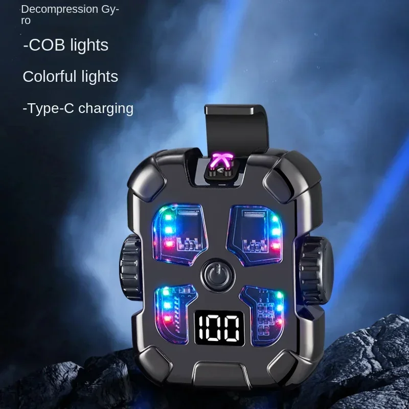 Mecha Style Decompression Toy Gyroscope Double Arc Rechargeable Lighter with Light Colorful Light Type-C Electric Lighter