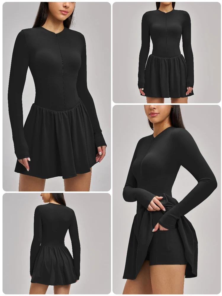 VITALINOVO Damen-Tenniskleid mit Reißverschluss vorne, Rundhalsausschnitt, fließend, plissiert, ärmellos, Mini-Golf-Sportkleid mit Shorts-Tasche – Detail 8