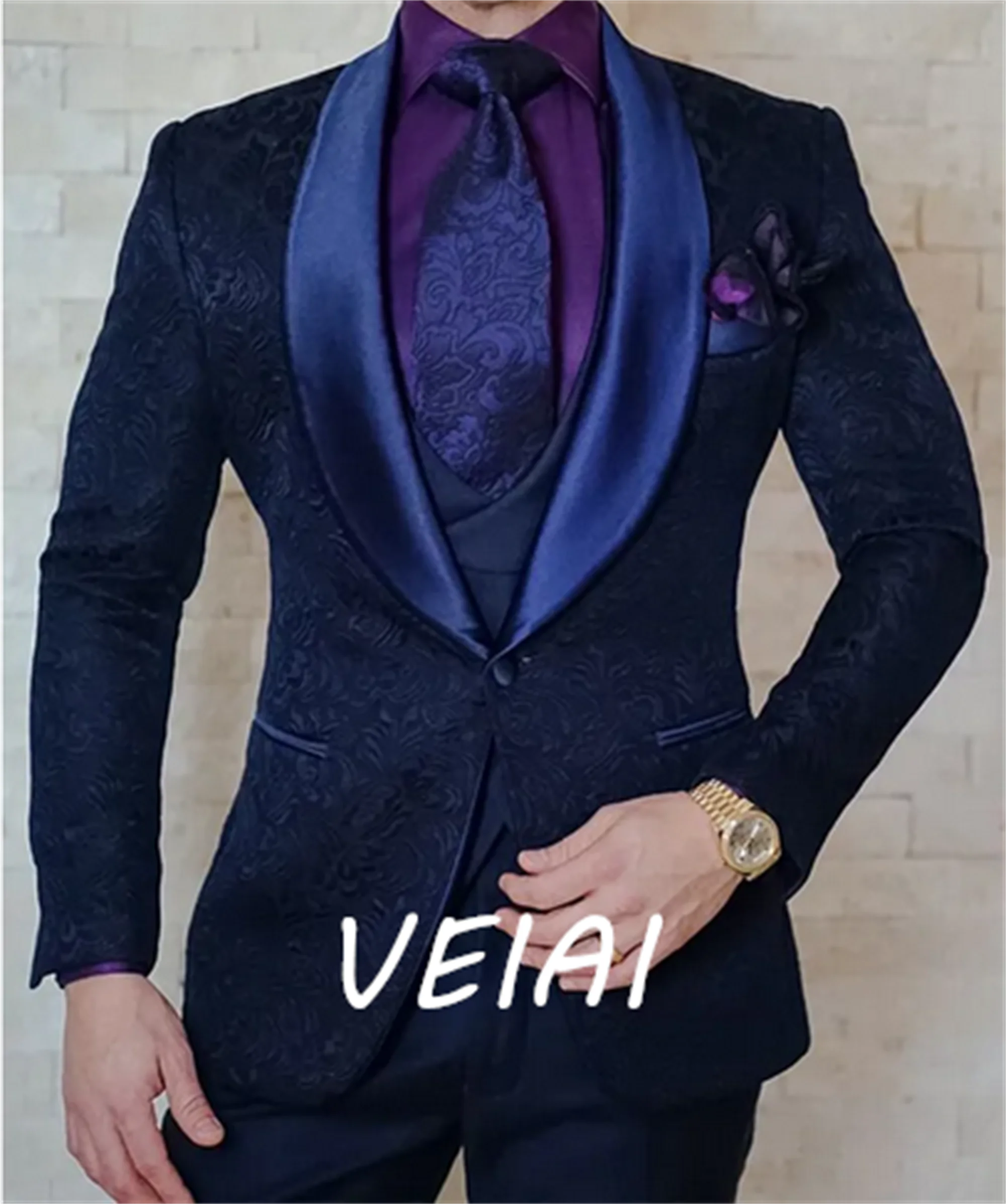 

CustomizedNavy Blue Floral Jacquard Men Suits Slim fit with Shawl Lapel 3 Piece Custom Wedding Tuxedo for Groomsmen 2020 Male Fa