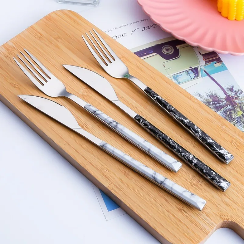 Kitchen Supplie Stainless Steel Marbled Wood Handle Knife, Fork and Spoon 5 Piece Deluxe Premium Steak and Dessert Cutlery Set