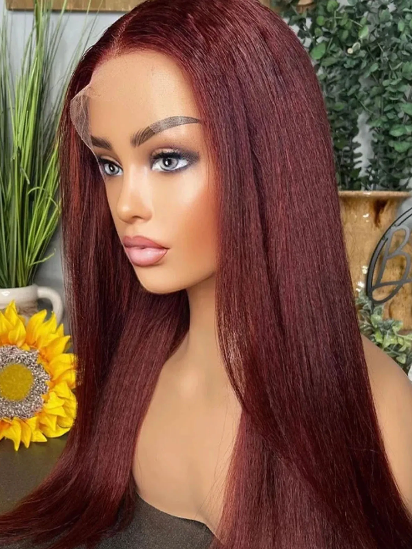 Perruque Lace Front Wig synthétique lisse rouge vin foncé, 30 pouces, pre-plucked, densité 180, avec cheveux de bébé, sans colle, usage quotidien