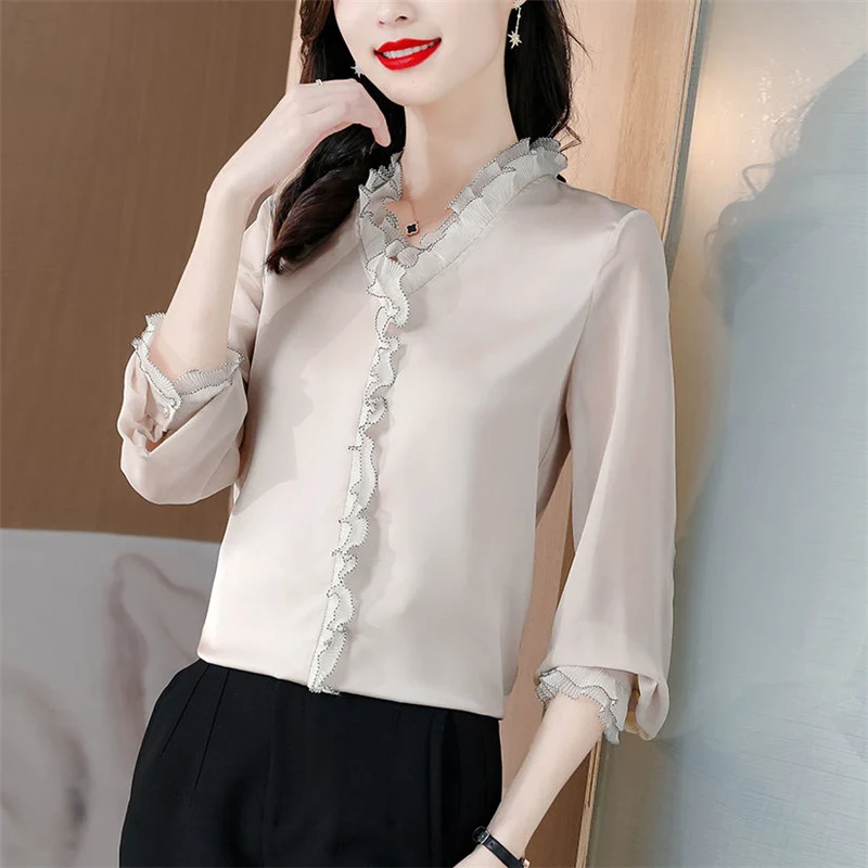 Women Ruffles V Neck Elegant Blouse New Korean Fashion Long Sleeve Business Casual Office Lady Shirt Solid Slim Chic Tops Blusas