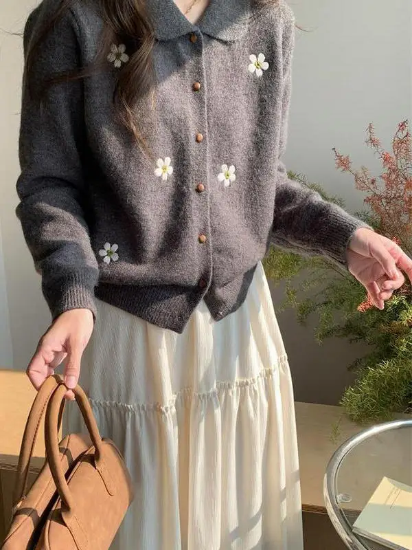 

Rixo Grey Neck Knitted Open Cardigan Embroidered Preppy Style Forest System Soft Long Sleeve Women's Knitted Sweater