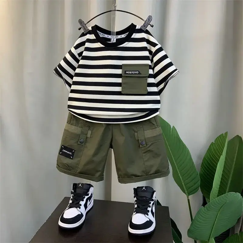 Children's Summer Clothing Set 2023 New Boys' Striped Short Sleeve Pure Cotton T-shirt Shorts 2-Piece Set for Baby Clothes Set