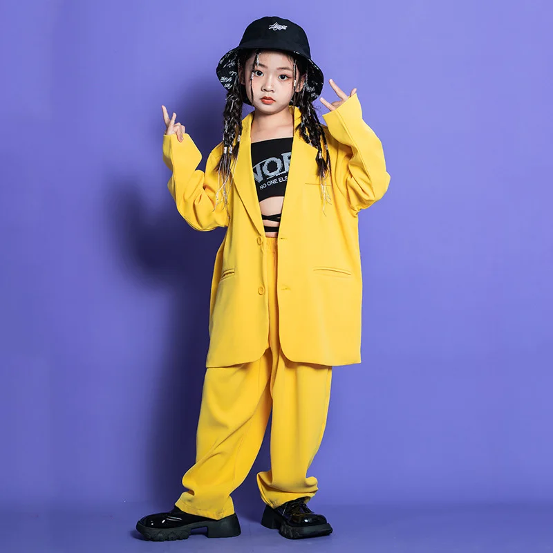 Girls Hip Hop Clothing Yellow Blazer Tops for Kids Streetwear Boys Jazz Dance Costume Clothes