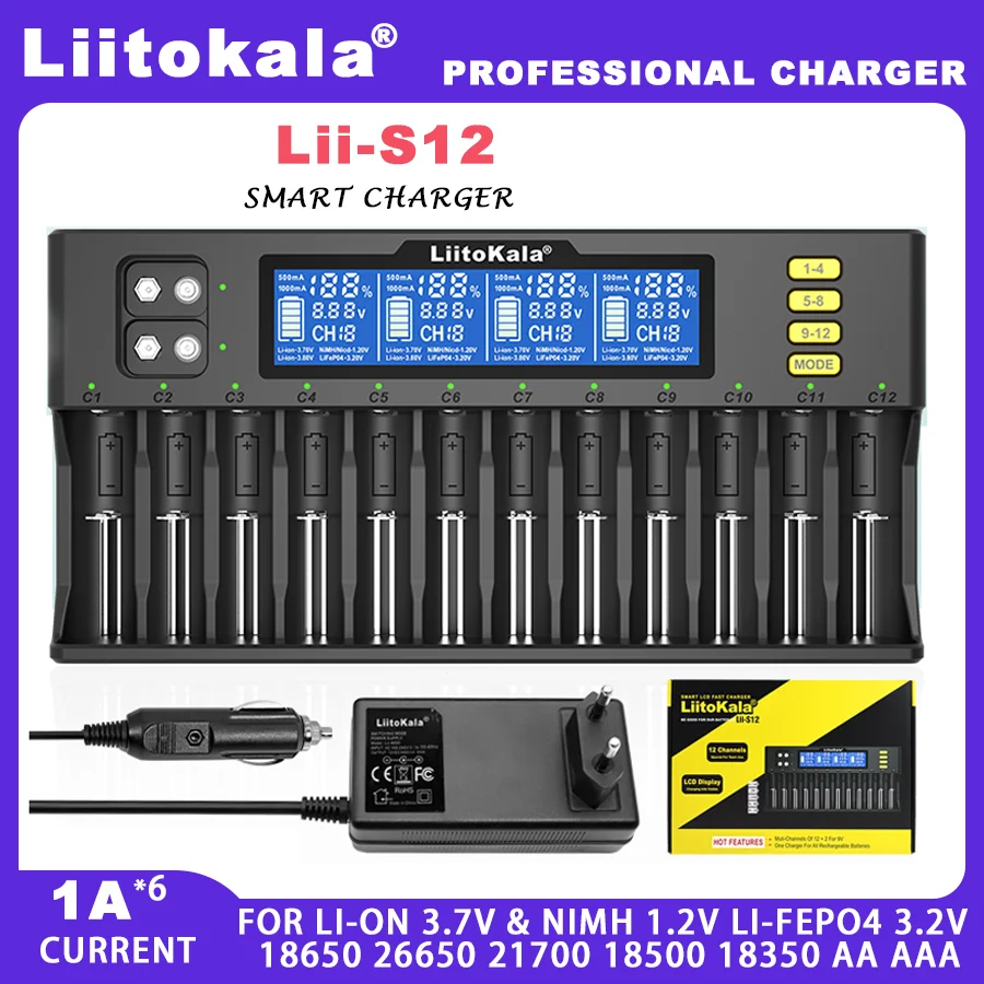 LiitoKala Lii-S12  Lii-PD4 12-Slot 18650 LCD Battery Charger For 20700 26650 21700 14500 10440 16340 1.2V 3.7V 4.2V Lion Battery