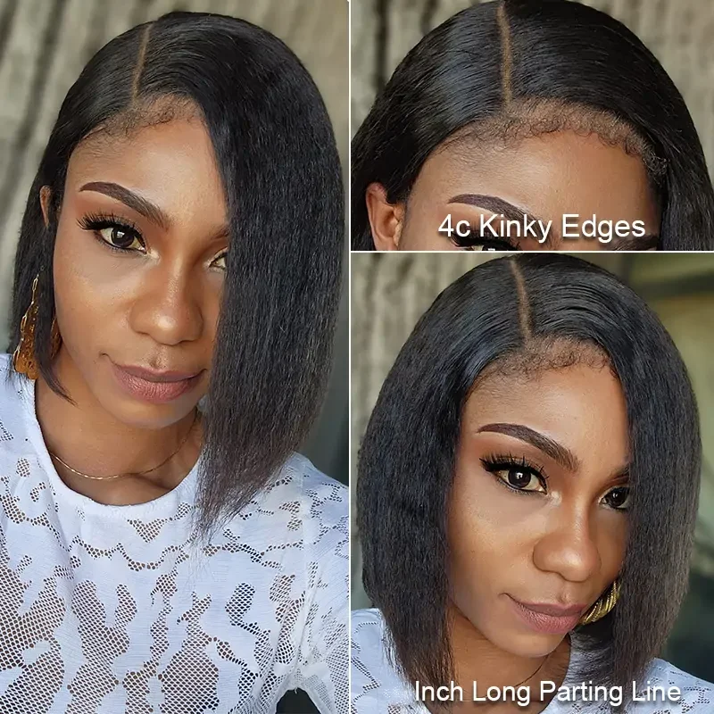 Short Kinky Straight Edged Curly Bob Wig 13x4 Lace Front Wigs 220 Density Short Bob Wig 100% Human Hair Lace Frontal Wigs