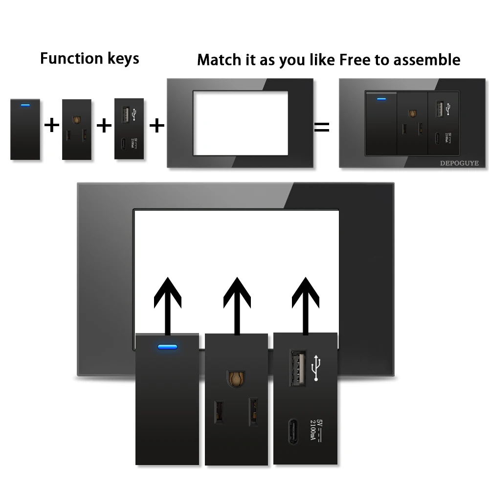 Picture 6: 118 Type Tempered Glass Panel Wall LED Switch US Thai Standard USB Type-C 20W Fast Charging Power Outlet Wall Universal Socket