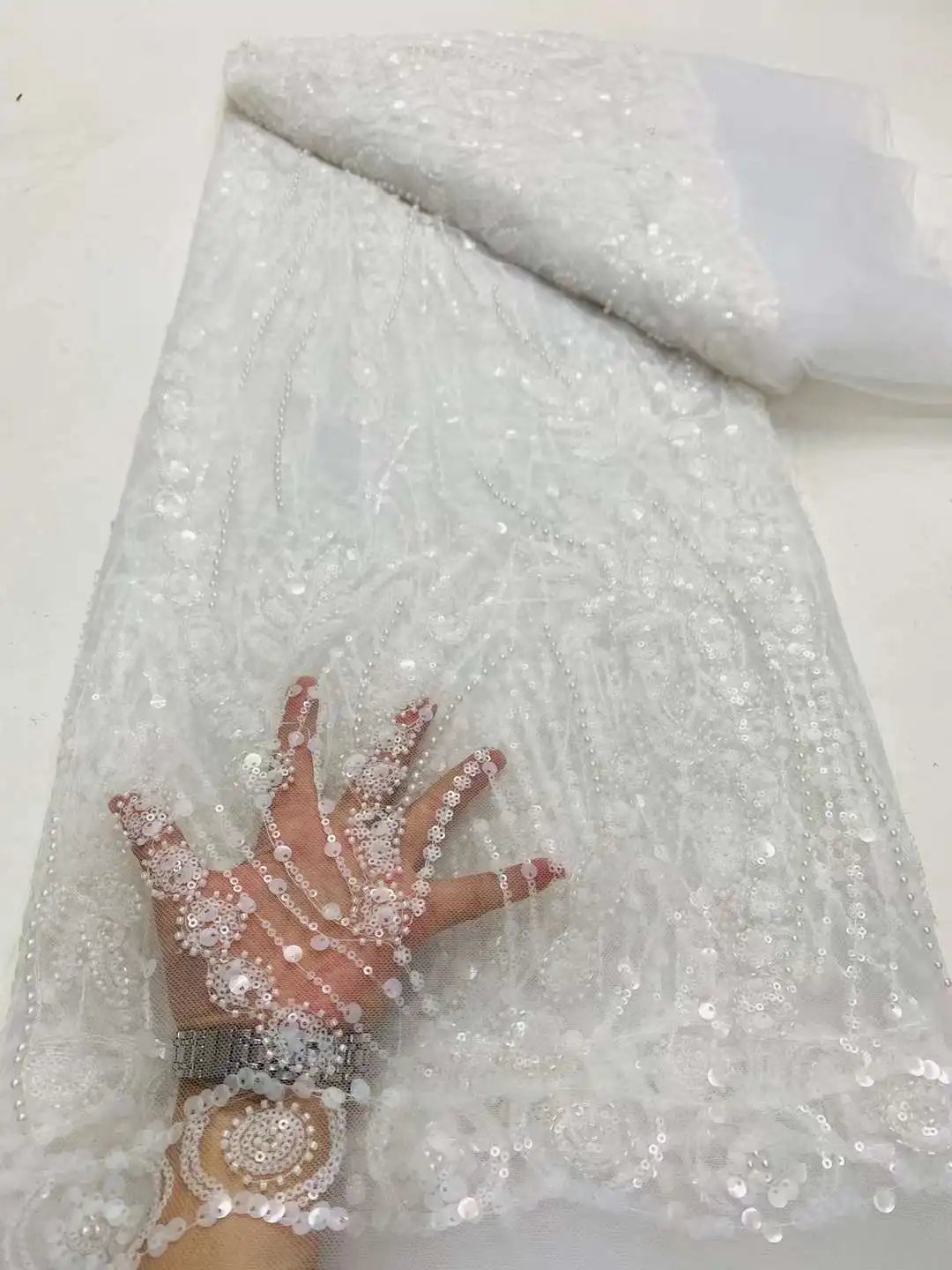 2025LatestHigh Quality Soft Elegant Luxurious White Sequin lace With Stones Fabric For Wedding Evening Dresses NN3798_Z