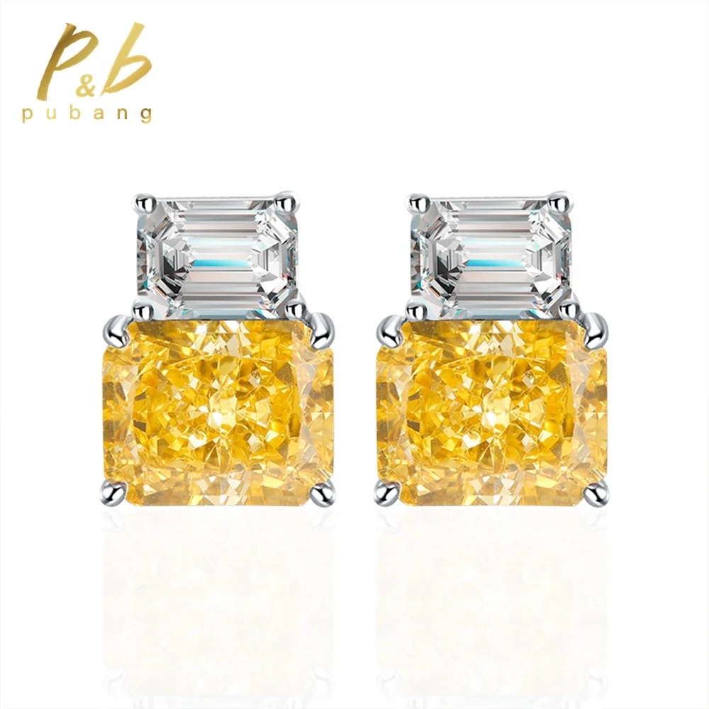 

PuBang Fine Jewelry New 925 Sterling Silver 8*10MM Citrine Aquamarine Created Moissanite Stud Earrings for Women Engagement Gift