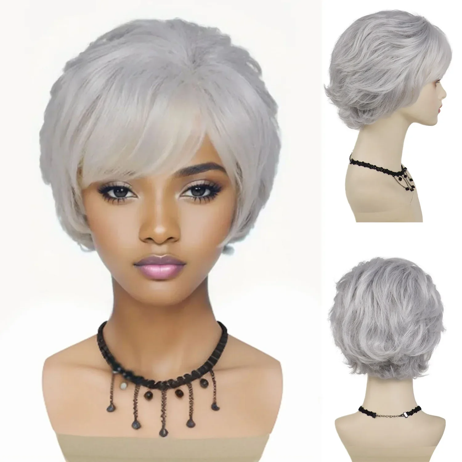 

GNIMEGIL Синтетические серебристо-серые вьющиеся парики Натуральный короткий женский парик Парик из мамы с челкой Подарок на рак пациента Повседневное повседневное использование