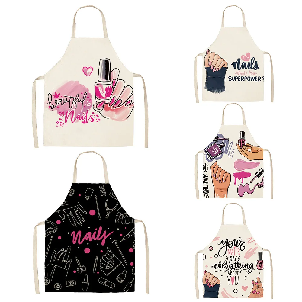 Women's Kitchen Linen Apron Nail Polish & Lipstick Design Bibs for Household Cleaning Home Nail Salon Accessories