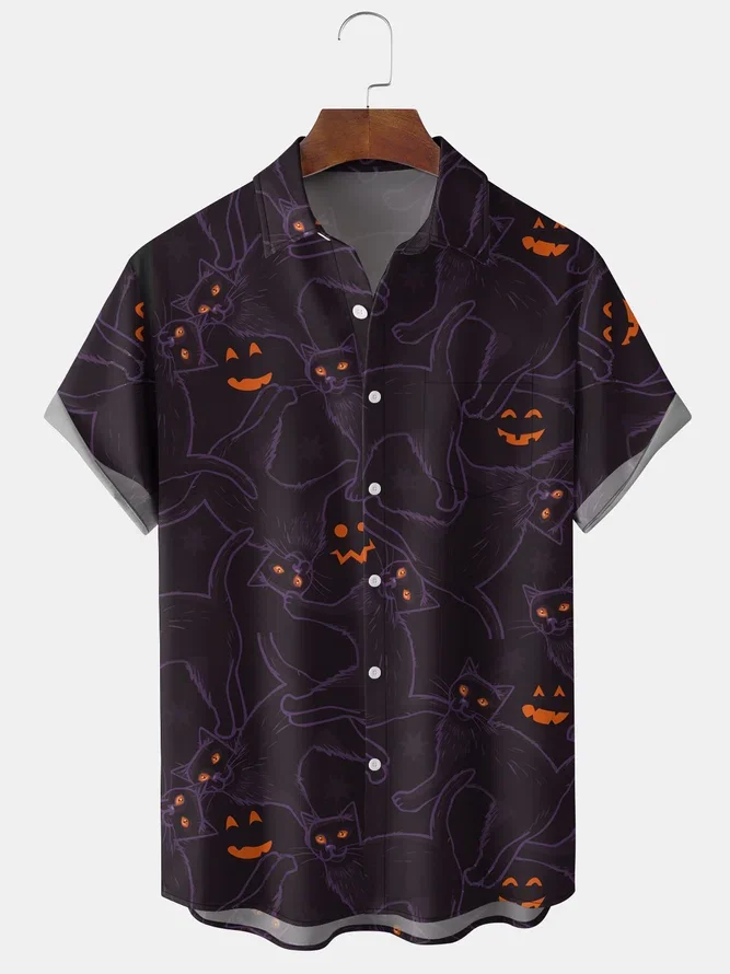 Men\'s Halloween Elements Print Ghost Bats Short Sleeve Hawaiian Shirt with Chest Pocket Casual for Men