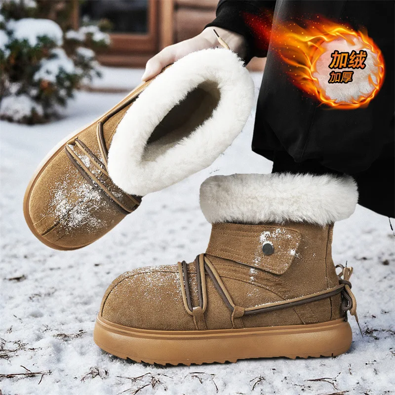 Man Snow Boots Concise Style Plush Chunky Winter Woman Short Boot Solid Color Slip-on Unisex Outdoor Round Head Cotton Shoes
