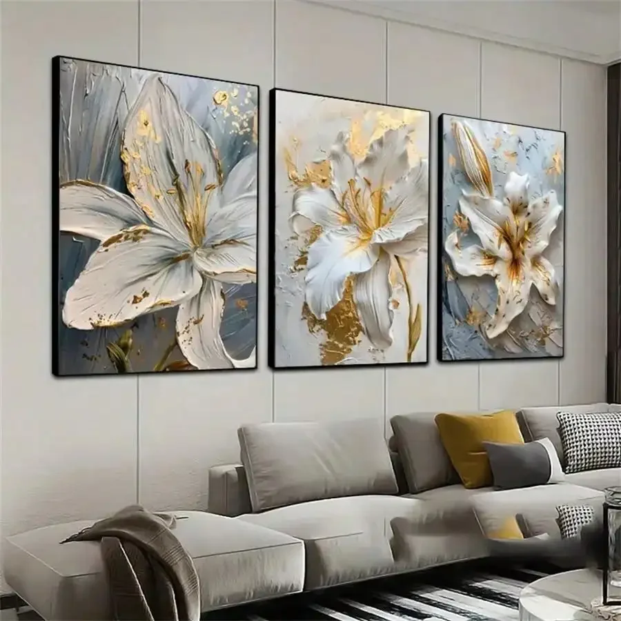 Framed Paintings Flower Canvas Posters Painting Abstract 3D Lily Flowers Wall Art Print for Bedroom Living Rome Home Decor