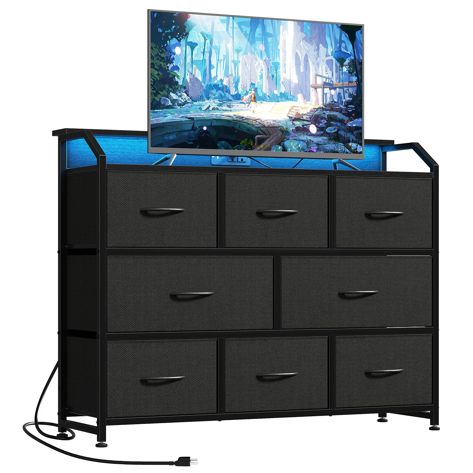 MCQ Fabric 8 Drawers Cabinet TV Stand For Living Room Beside Nightstand Dresser Tables with LED Lighting and Charging Storage Closet Chest Clothes Display Furniture