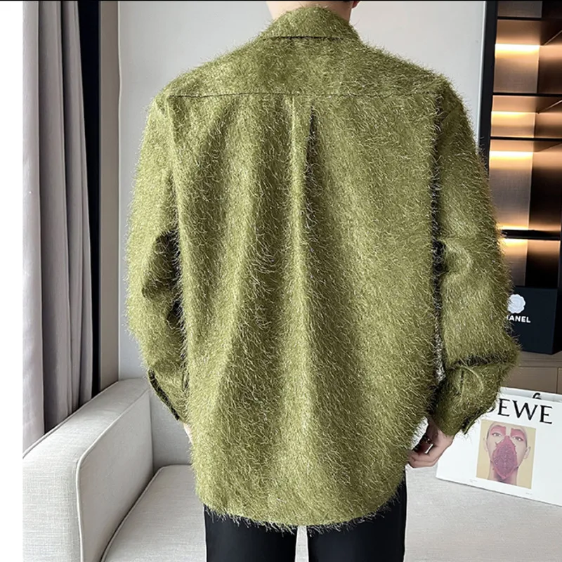 IEFB Trend Men\'s Faux Fur Shirts Fashion Long Sleeve Woolen Cardigan Loose Niche Design Korean Style Autumn Winter Tops 9C2928