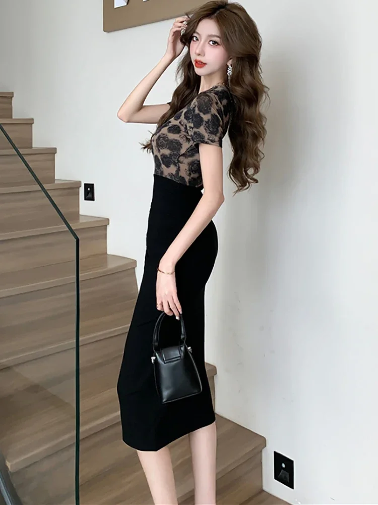 2025 coreano bodycon roupas de baile feminino elegante chique casual vestido de noite verão preto retalhos floral com decote em v vestido senhora do escritório