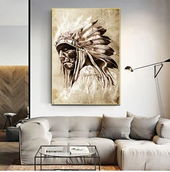 Black & White American Native Indian Portrait Painting Canvas Posters Prints Scandinavian Wall Art Picture for Living Room Decor