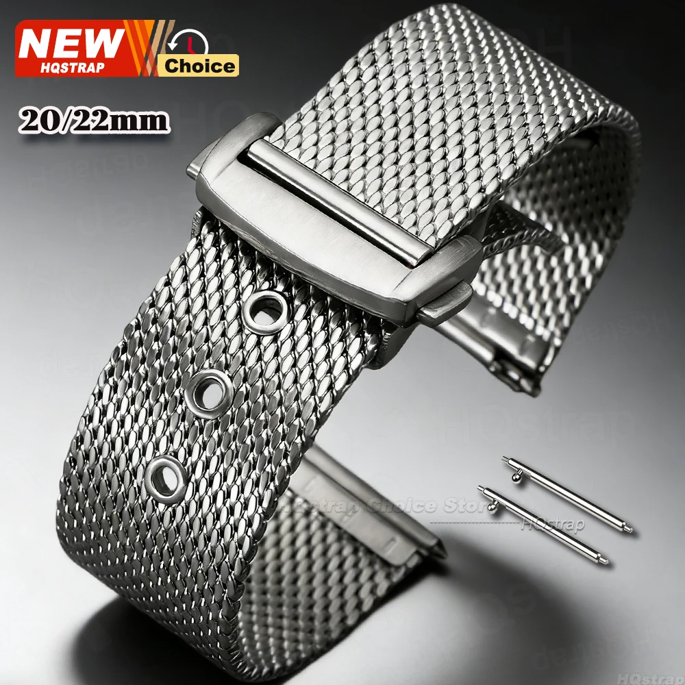 20mm 22mm 0.8Mesh Stainless Steel Band Universal Strap for Omega Seamaster 007 Folding Buckle Bands for Seiko Bracelet for Rolex