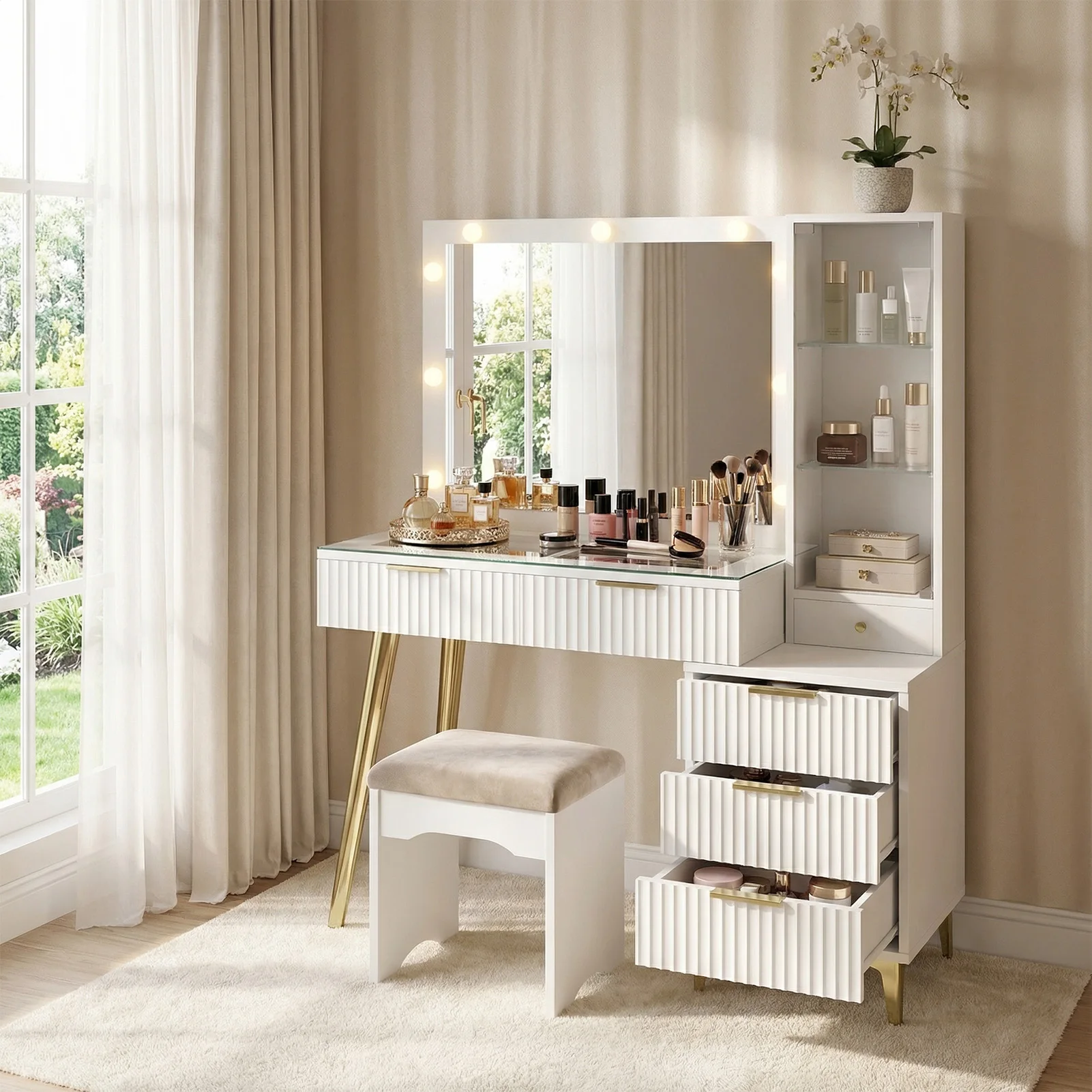 Sale Fluted Vanity Desk w Mirror Glass Top Makeup Table w 5Drawers Power Outlet Storage Cabinet 3Color Light for Bedroom White