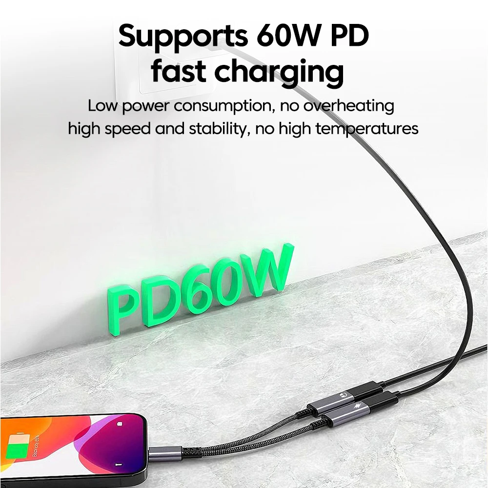 2-in-1 نوع C سماعة محول الصوت PD60W شحن سريع USB C محول كابل محول آيفون 15 16 سامسونج اللوحي المحمول