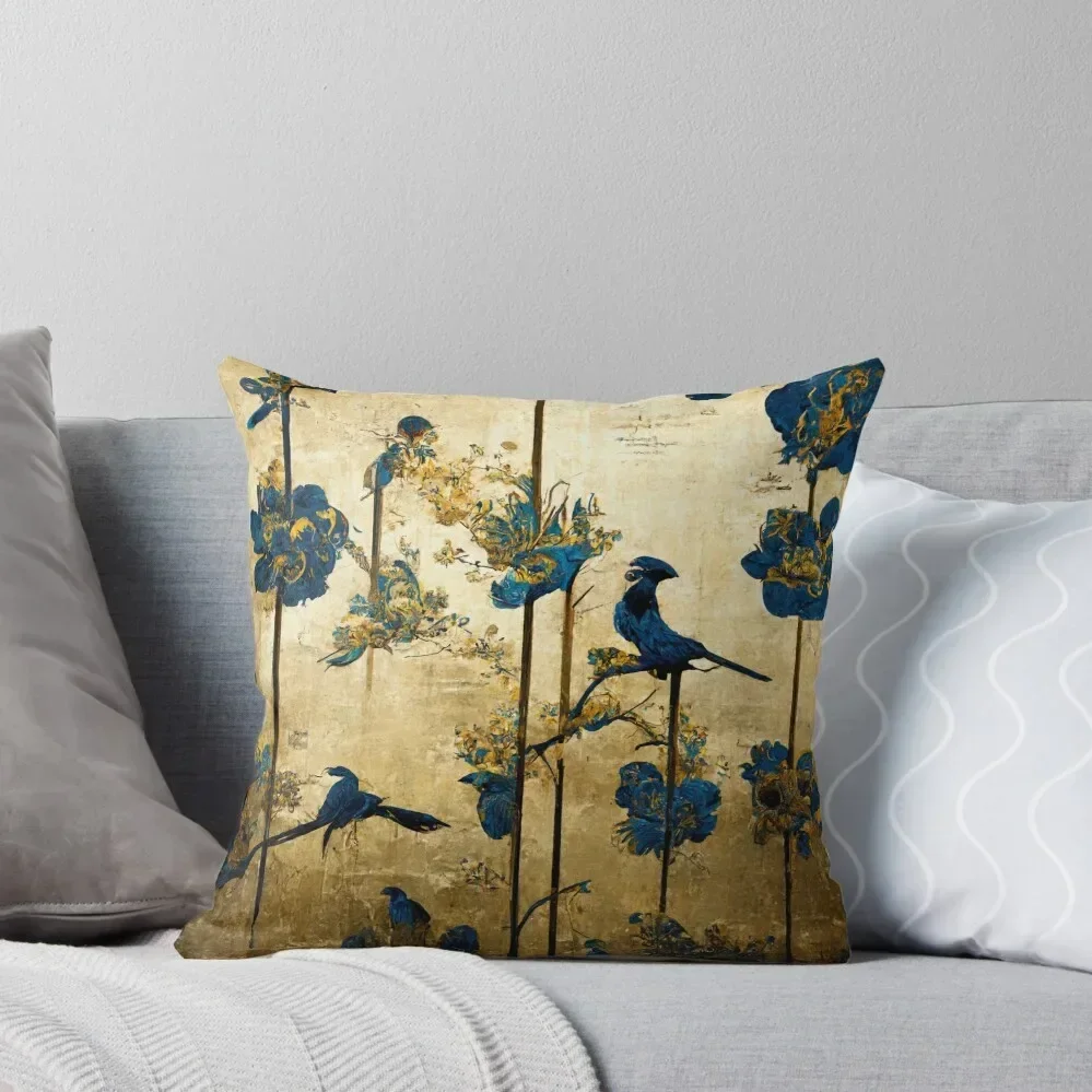 Blue and gold chinoiserie painting with birds and flowers Throw Pillow Sofa Cushion Bed pillowcases Cushions For Sofa pillow