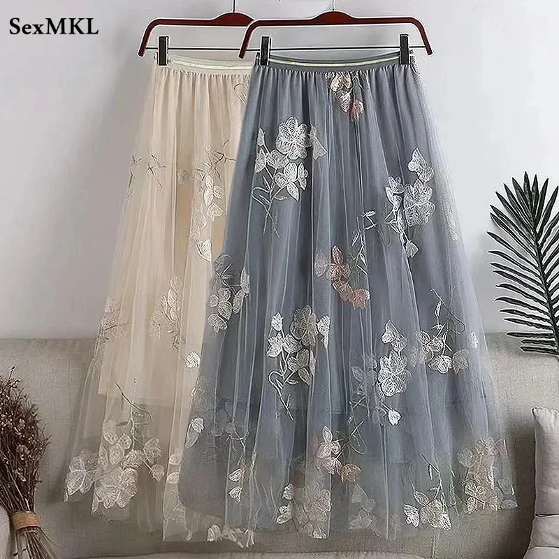 

Elegant High Waist Tulle Skirts Women Korean Fashion Clothing A Line Harajuku Faldas Mujer Casual Mid Length Pleated Skirt y2k