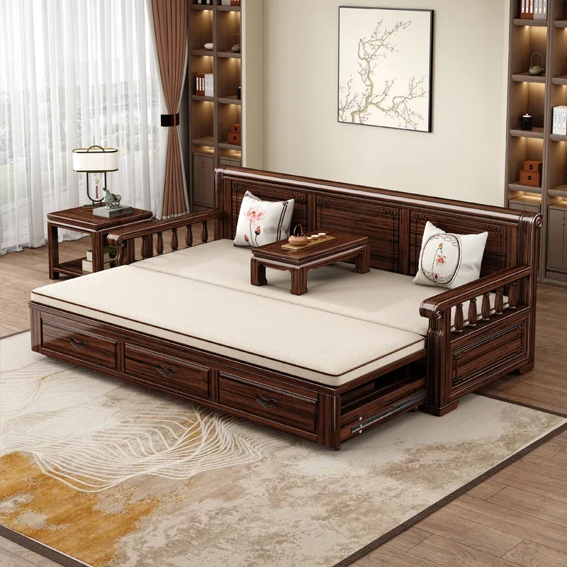 CX solid wood push-pull retractable sofa new Chinese carved Zen Arhat couch retro atmospheric Arhat bed
