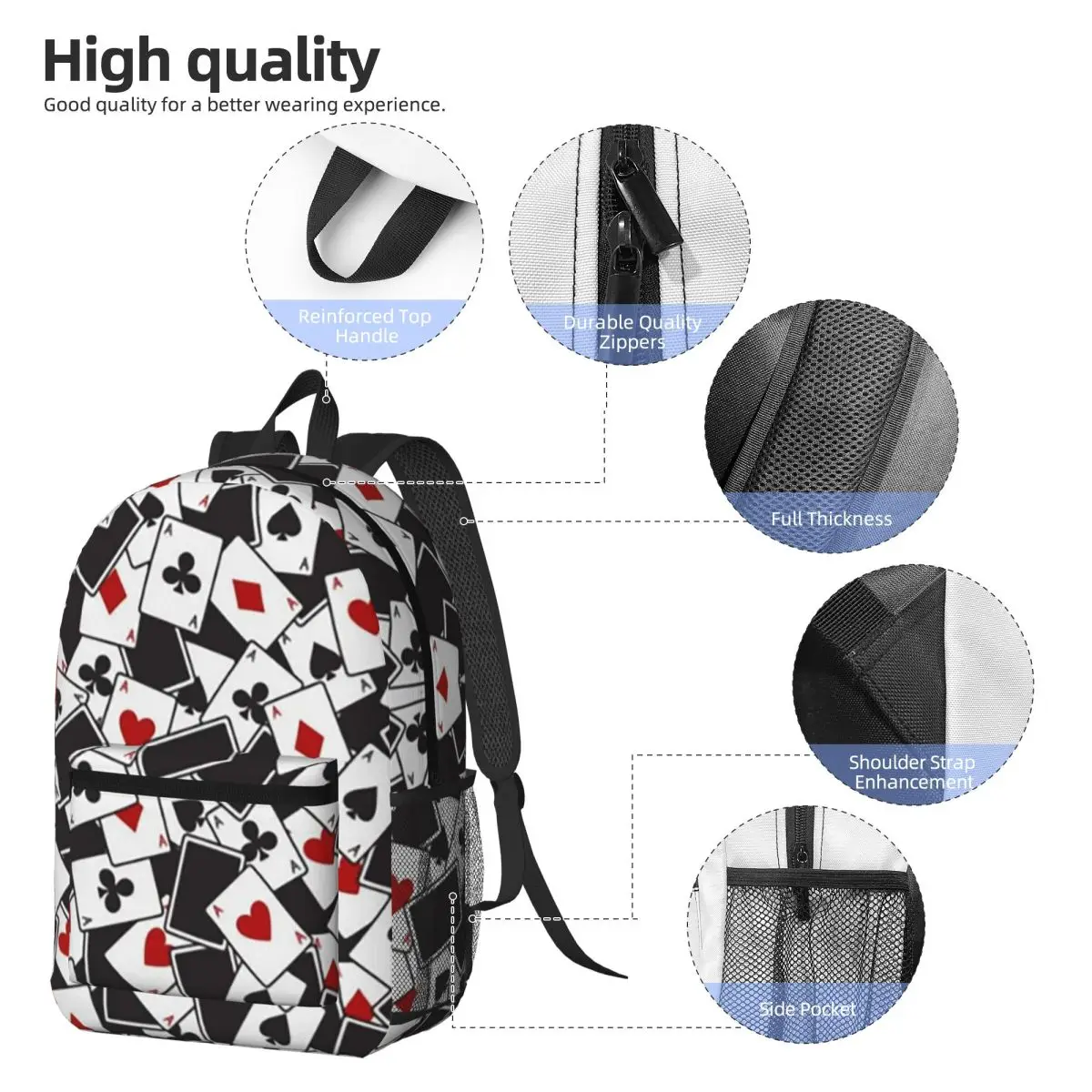 Playing Cards Poker Print Backpack Daypack Large Capacity Children BookBag School Bag Shoulder Bags for Men Women