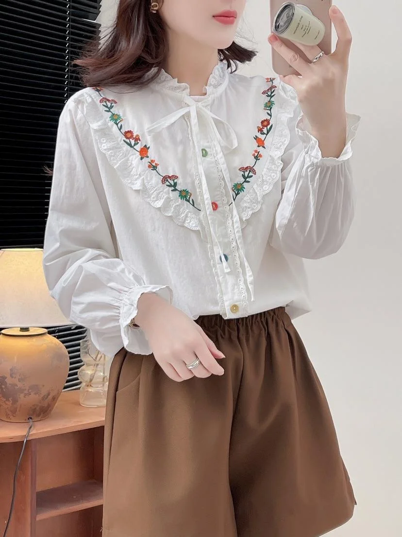 Elegant and youth woman blouses mori girls Japan fashion long sleeve stand collar lace-up embroidery shirts beige top for woman