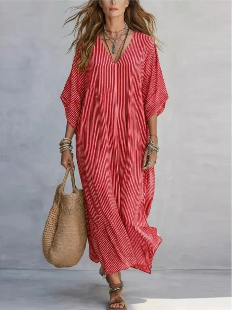 

Women Fashion New Striped Print Loose Shirt Dresses Summer Casual V Neck Short Sleeve Maxi Dresses Vacation Beach Outfit Clothes