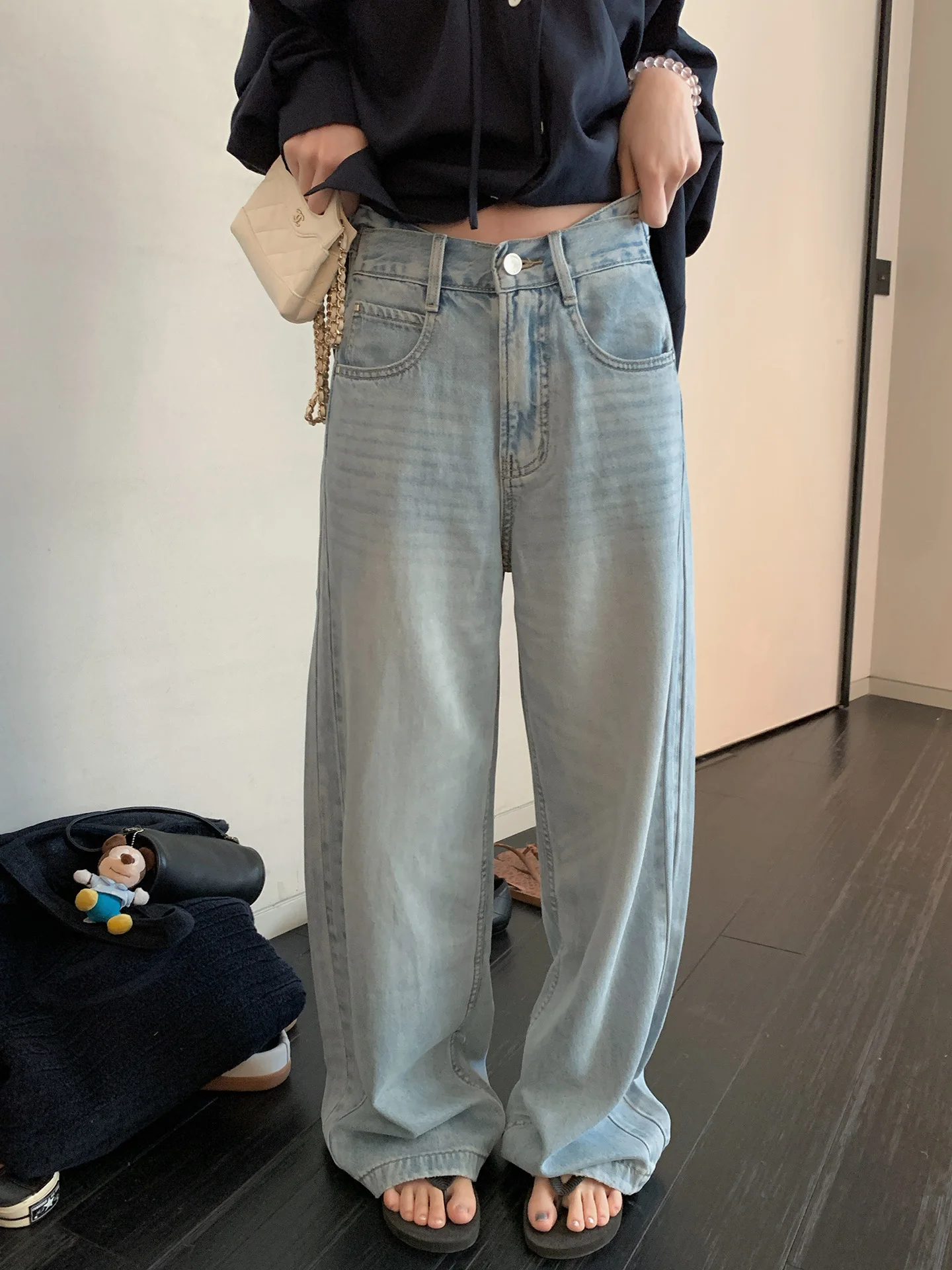 

Comfortable Wide Leg Straight Thin Denim Jeans Women Summer Blue Casual Waed l Waist Long Pants Spring Summer