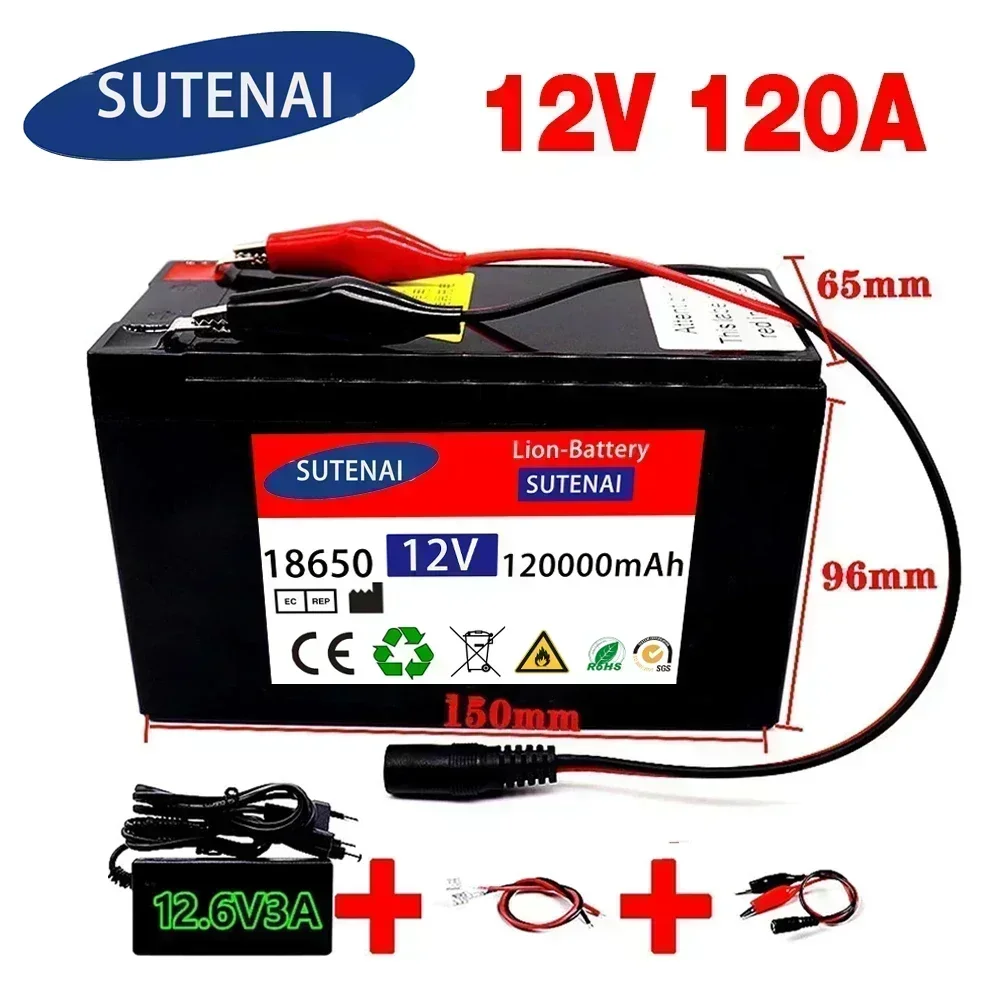 12V 120Ah 120000 Batterie au lithium mAh 18650, pulvérisateur 30A, BMS intégré à courant élevé pour véhicule électrique + chargeur 12.6V