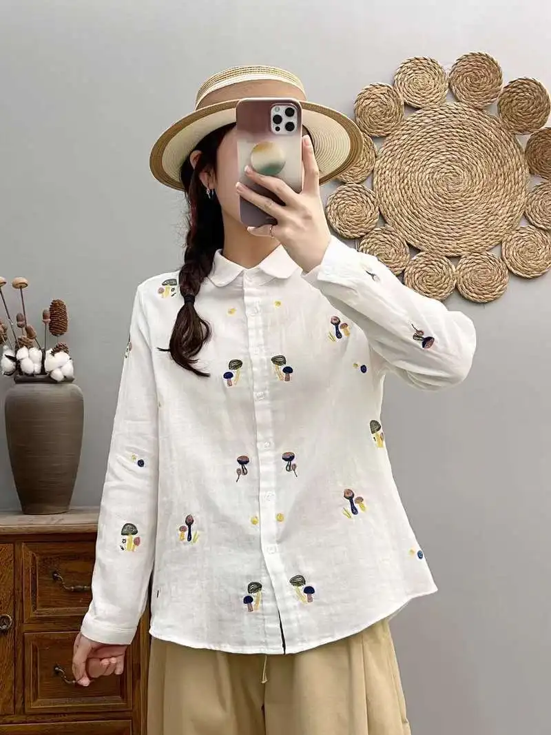 New Fall Cotton Yarn Long Sleeve Shirts, Women Lapel Embroidery Top, Mori Girl Casual Retro Loose Blouses, 2024 Winter T48749QC