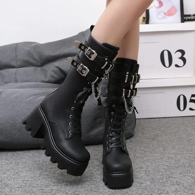 Women\'s Punk Gothic Boots 2023 Fashion Buckle Chain High Heels Mid Calf Boots Women Black Pu Leather Plus Size 42 Autumn Botas