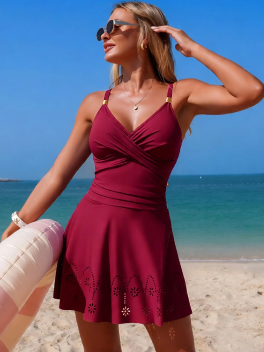 Pure Color Hollow out Bikini  Swimsuit Women's Trendy Casual Surfing Suit with Chest Pad No Steel Support