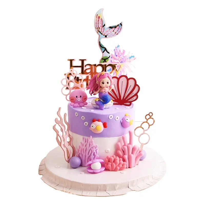 Mermaid Theme Cake Toppers Ocean Princesses for Kids Happy 1st Birthday Party Boy Girl Baby Shower Party Decoration Girl\'s 16th