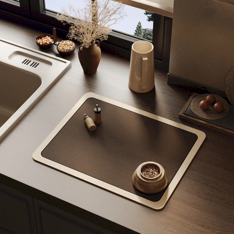 VIKAMA Retro Solid Color Side Plate Drying Mat, Warm Earth Tone Anti slip Water Absorbing Coffee Machine Mat Home Decoration
