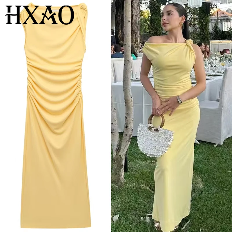 HXAO Women's Ruffled Yellow Dress Summer 2025 Elegant Asymmetric Beach Holiday Resort Dress Midi Sleeveless Slit Ruched Vestidos