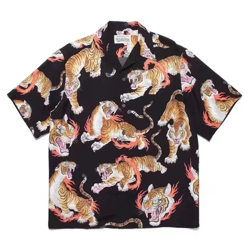 WACKO MARIA Shirt Cuban Neck Tiger Full Print 1:1 High Quality Summer Tops Shirt Vintage Lapel Hawaiian Short Sleeve Shirt