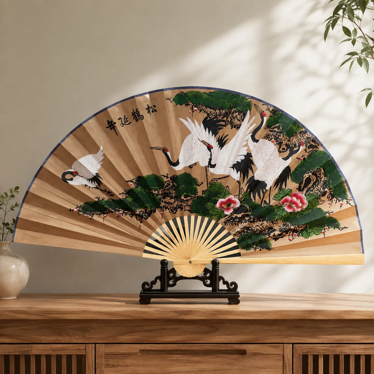 160cm Oversized Wall Decor Fan, Printed Pine Crane Auspicious Pattern, Bamboo Frame Oriental Wall Ornament for Living Room Wall