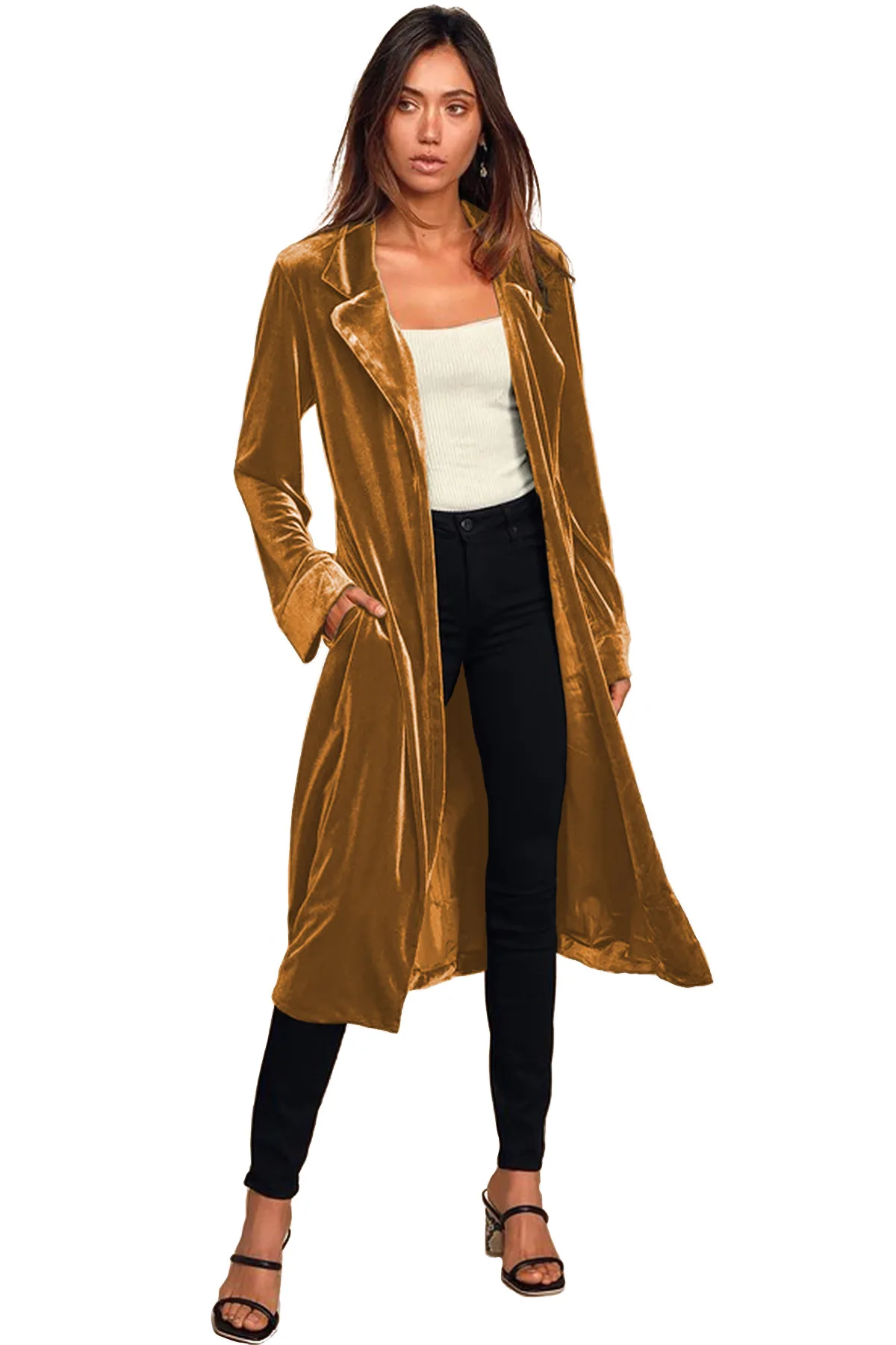 Women Velvet Long Coats Solid Trench Long Sleeves Notch Lapel Collar Open Stitch Loose Office Lady Casual 2025 Spring Autumn