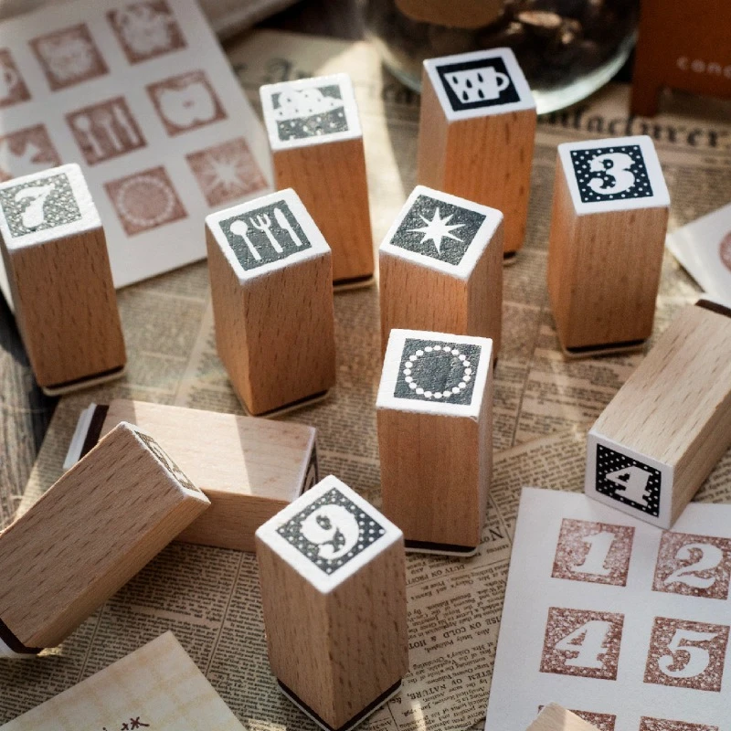 9 Pcs/set Vintage Star Number Landscape Wooden Stamp Creative DIY Journal Material Collage Student Supplies Stationery