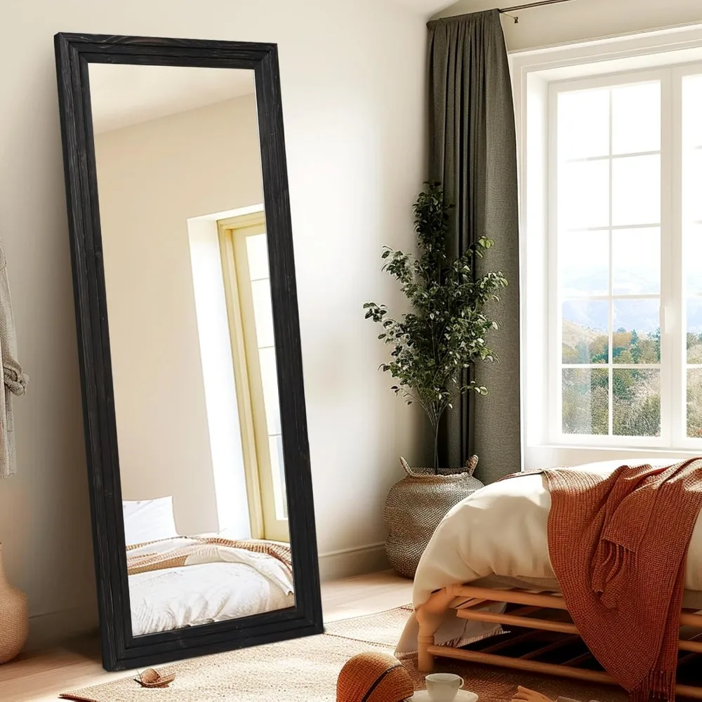 Miroir sur toute la longueur 65x24 pouces, cadre en bois massif, grand plancher pour salon, chambre à coucher sur pied ou mural en cuir, noir