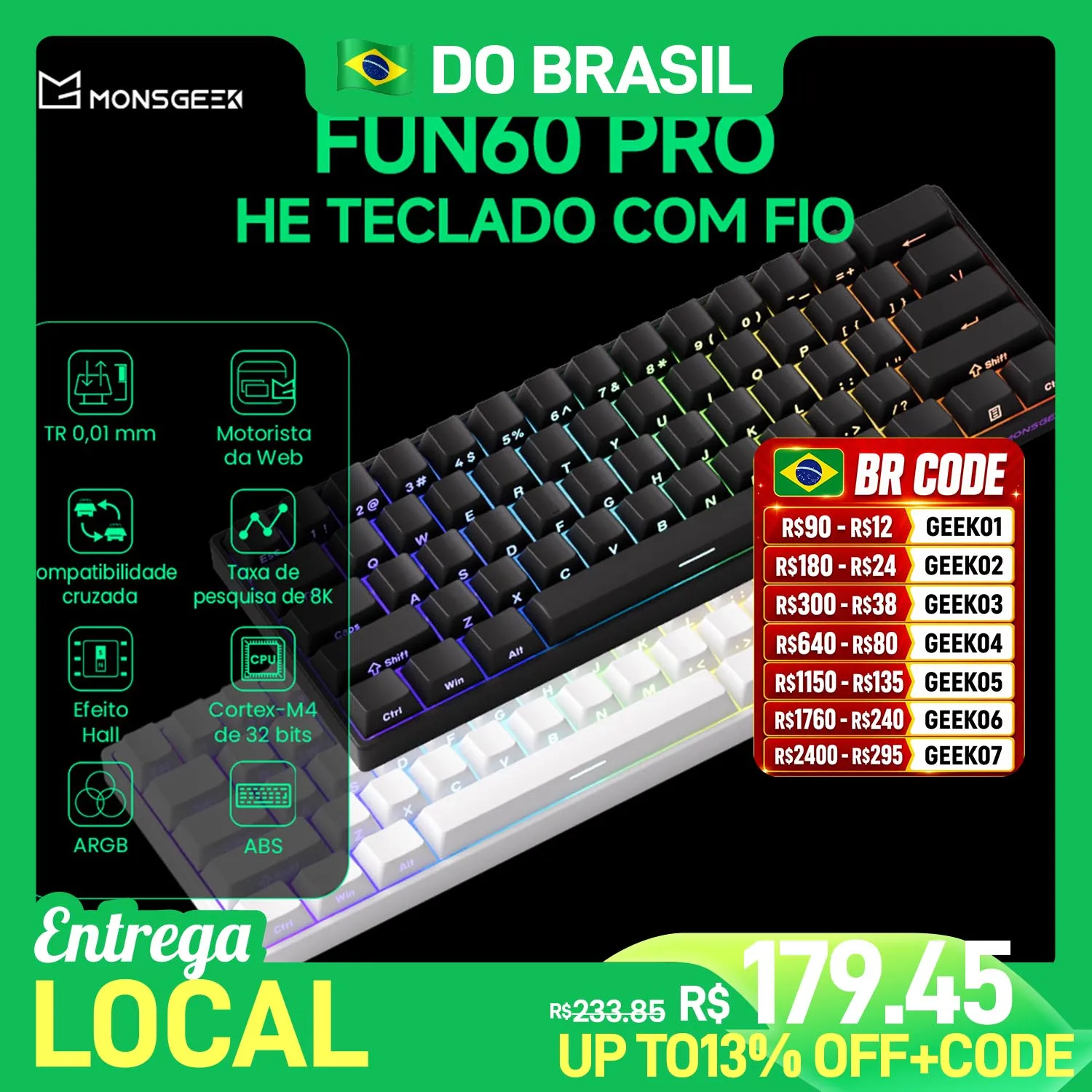Akko monsGeek fun60 pro he teclado magnético 60% esports teclado para jogos gatilho rápido 0.01mm 8k teclado personalizado com fio para gamer