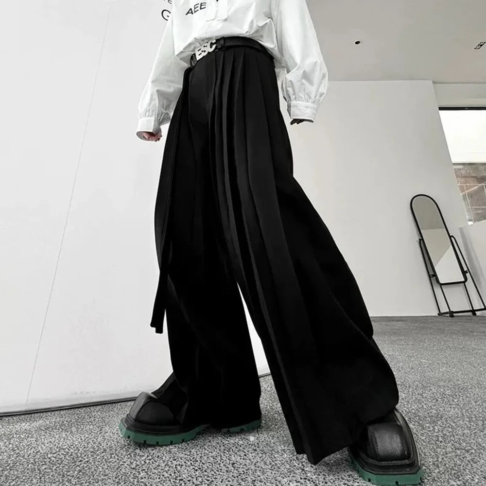 Y2k Gothic Dark Style Skirt Pants Pleated Double Ribbon Design Hakama Genderless Japanese Streetwear Samurai Pants Unisex 2024