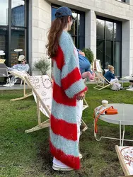 2024 Autumn Colorful Striped Knitted Cardigan For Women Casual Lantern Long Sleeve V Neck Sweater Chic Lady Street Warm Knitwear